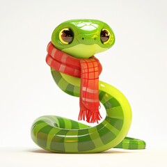 Fototapeta premium Green snake wearing red scarf isolated on white background. Cute animal character, zodiac sign. Symbol of Chinese New Year 2025. 3d illustration for design banner, poster, card