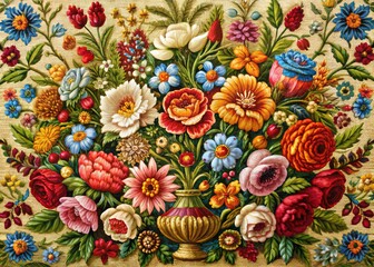 Floral Tapestry: Vibrant bouquet, bohemian style, intricate embroidery, tapestry effect.