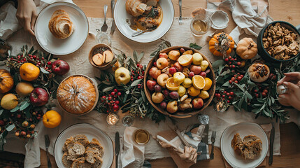 Flat lay of A table with a mix of traditional and modern Thanksgiving dishes.