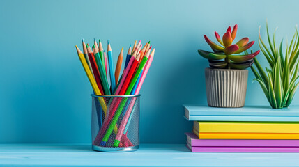 Obraz premium Colorful pencils in a holder with succulents and stacked books on a blue desk
