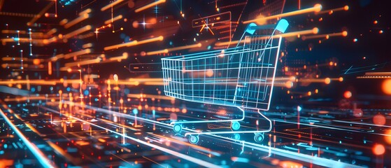 Obraz premium Shopping cart in motion blur. Digital background featuring hologram shopping cart, cyber network connection with glowing data and light effects on the right side,
