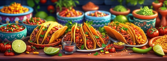 Naklejka premium Traditional mexican food. Tacos with homemade salsa. Many dishes of mexican cuisine. table set with festive traditional Mexican dishes. Festive dia de los muertos. Cinco de Mayo.