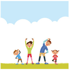 大空の下で体操をしている家族