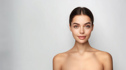 Obraz premium A young woman with fair skin and sleek, tied-back hair smiles softly. Her minimalist style and bright background highlight her natural beauty.
