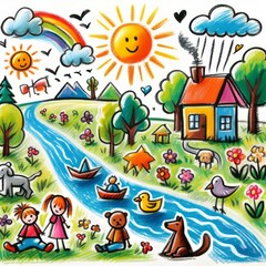 Colorful children's illustration of a joyful countryside scene with animals, a river, a house, and bright sunshine.