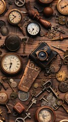 Fototapeta premium Vintage Still Life with Clocks, Keys, and Camera