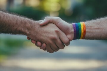 Close up of two men s hands in a handshake, one hand adorned with a rainbow bracelet