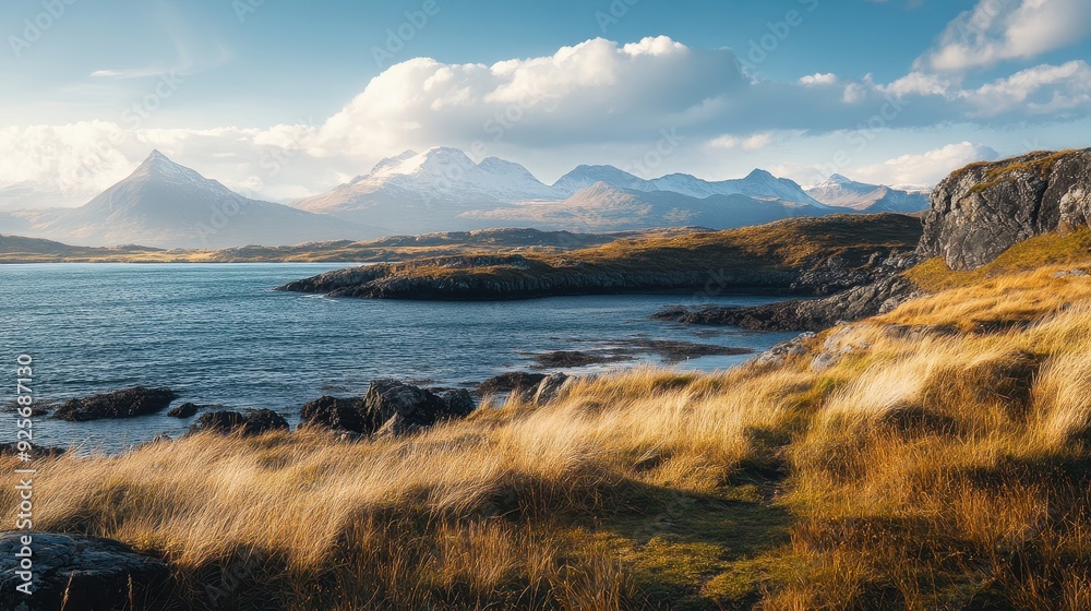 Wall mural majestic mountains and calm waters.