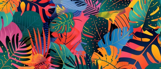 Tropical leaves vibrant and colorful abstract illustration featuring  in various shades of green, orange, red, blue, and pink, yellow, with geometric patterns on the background.