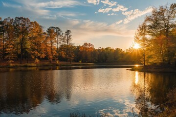 Golden sunset reflecting on lake surrounded by fall foliage