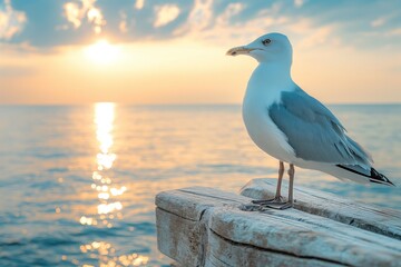 Seagull standing on pier at sunset over ocean