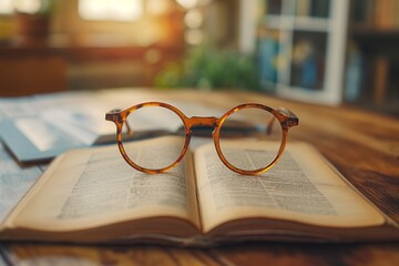 Open book and eyeglasses resting on wooden table