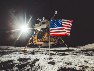 Astronauts on moon s surface with usa and ussr flags in captivating photography shot