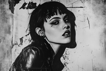 Vintage 90s monochromatic portrait in mezzotint for punk y2k collage with brutalist music poster