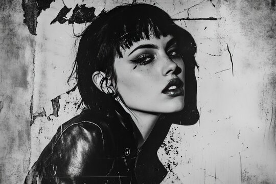 Vintage 90s monochromatic portrait in mezzotint for punk y2k collage with brutalist music poster