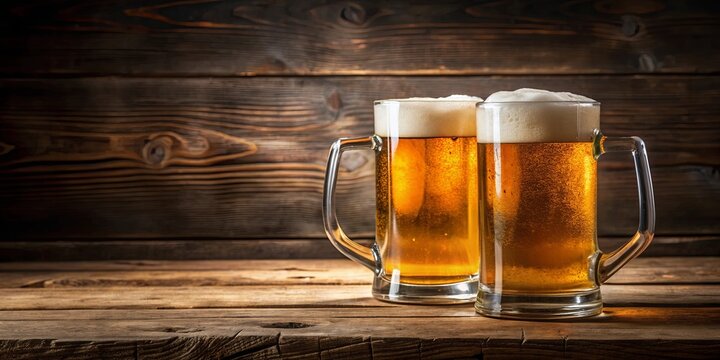 Two mugs of fresh beer on a wooden table