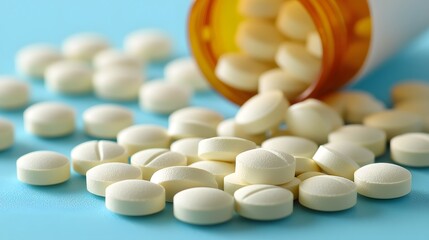 Close-up of scattered white pills from a prescription bottle on a blue background.