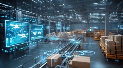 Modern warehouse with conveyor belt system and drones, with digital overlay illustrating automation.