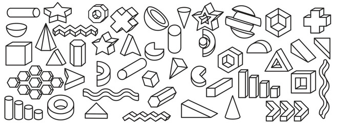  Set 3d geometric shapes outline icon element vector illustration clipart