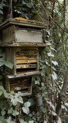 Stacked Beehives in a Lush Forest Setting