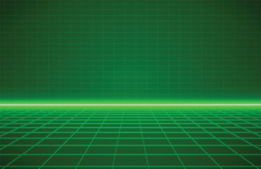 Retro Sci-Fi Background Grid landscape. Digital Futuristic cyber surface. Double infinite grid with light. Synthwave wireframe net illustration. 80s, 90s cyber grid