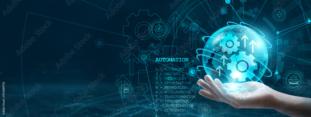 Poster automation. hand holding a globe with a network connecting data points, representing the integration