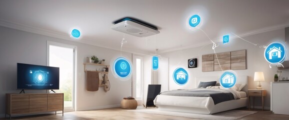 illustrate the concept of the Internet of Things with an image of a smart home, featuring various connected devices and appliances, shot from a low angle with a wide-angle lens