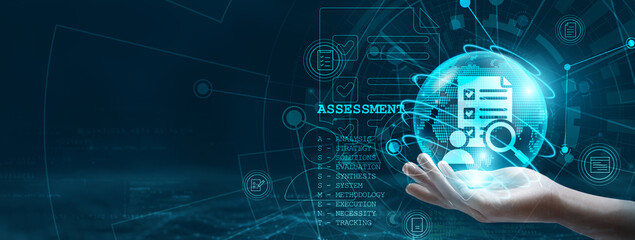 Assessment. Hand holding a digital globe with network connecting data. Representation of digital technology, demonstrating the interconnectedness of global networks and the flow of information.