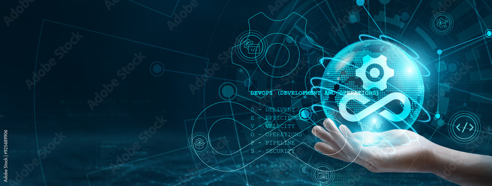 Poster devops. hand holding globe with network connecting data. integration of digital technology, automati