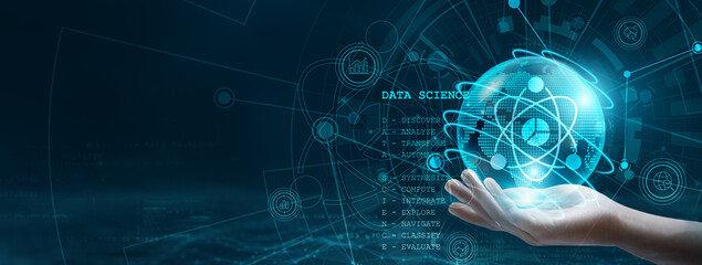 Data science. Hand holding a globe with network connecting data. Representation of digital technology, powered by data science to enhance decision-making and drive innovation.