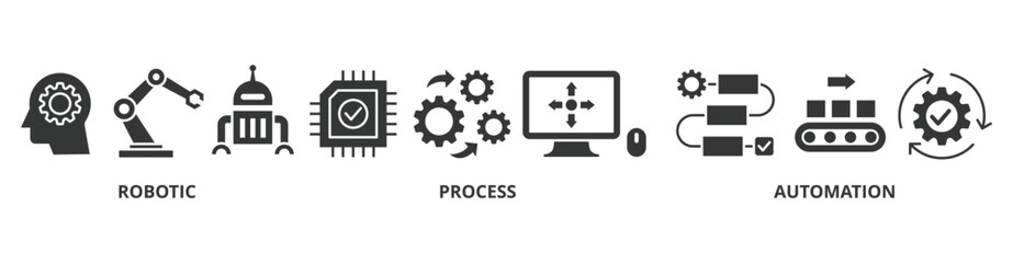 RPA banner web icon vector illustration concept for robotic process automation innovation technology with an icon of robot, ai, artificial intelligence, automation, process, conveyor, and processor