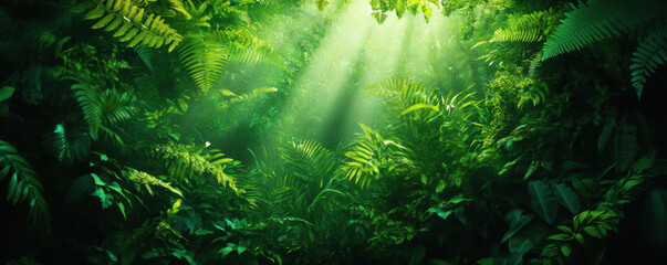 Fototapeta premium Sunlight filtering through dense green tropical rainforest, creating a serene and vibrant natural scene filled with lush foliage.