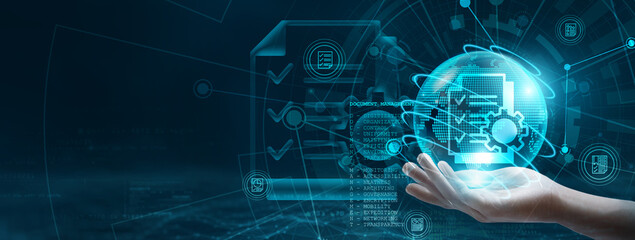 Document Management. Hand holding document management globe with network connecting data. Integration of digital technology, secure storage solution for efficient management of documents.