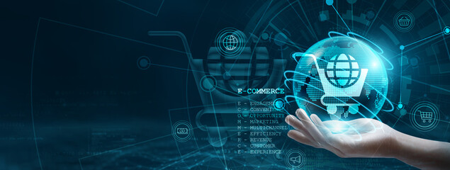 E-commerce. Hand holding a globe with network connecting data, representing the interconnected...