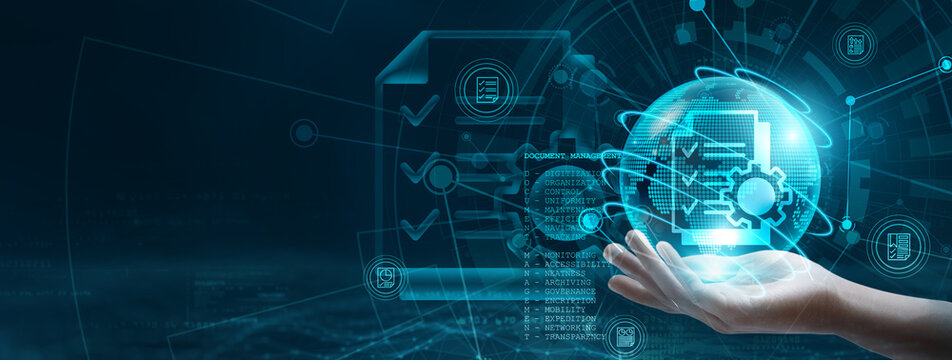 Document Management. Hand holding document management globe with network connecting data. Integration of digital technology, secure storage solution for efficient management of documents.