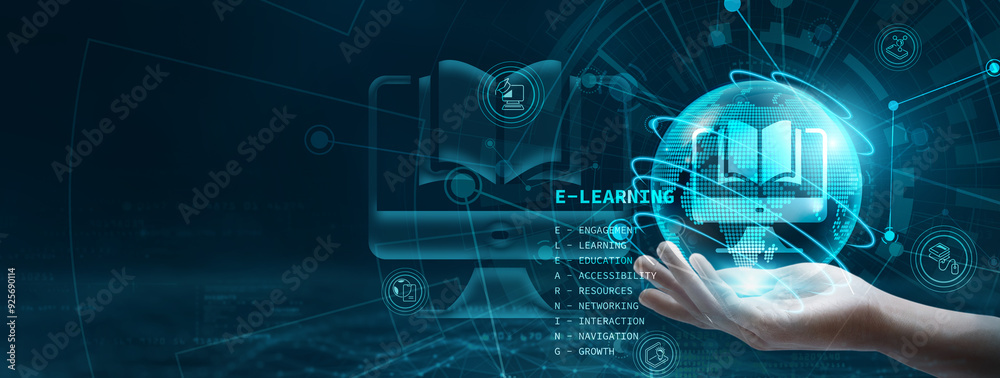 Poster hand holding a tablet displaying a globe with network connecting data. symbolizing the advancement o