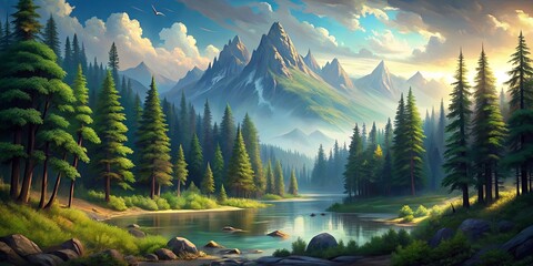 Scenic painting of a forest with mountains in the background