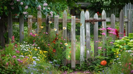 Obraz premium A quaint garden fence with a small gate, surrounded by colorful flowers, representing a welcoming entrance.