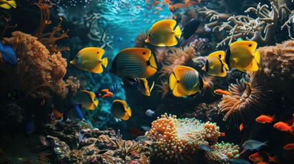 Fototapeta premium A school of fish swimming around a vibrant coral reef, illustrating the symbiotic relationships in the ocean.