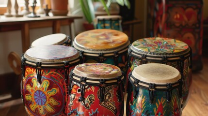 A set of conga drums arranged in a music studio, with their textured surfaces and colorful designs prominently displayed.