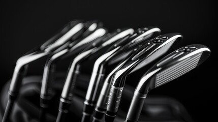 A set of golf clubs arranged neatly in a golf bag, showcasing their polished heads and grips.