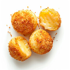 three fried eggs on a white plate with a bite taken out