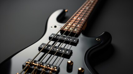 A sleek electric bass guitar with its frets and pickups visible, set against a dark background to highlight its modern design.