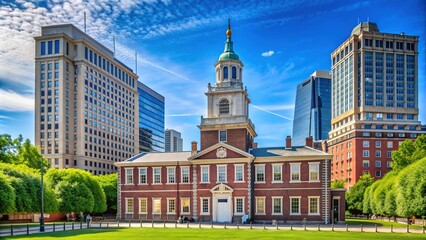 Naklejka premium Historic Philadelphia landmarks like Independence Hall and Liberty Bell stood proudly against a bright blue sky on a sunny summer day in Pennsylvania.
