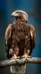 Martial Eagle Perched on Branch on Blue Background, Realistic Photo, Pattern Background, Wallpaper, Cover and Screen of Smartphone, Cell Phone, Computer, Laptop