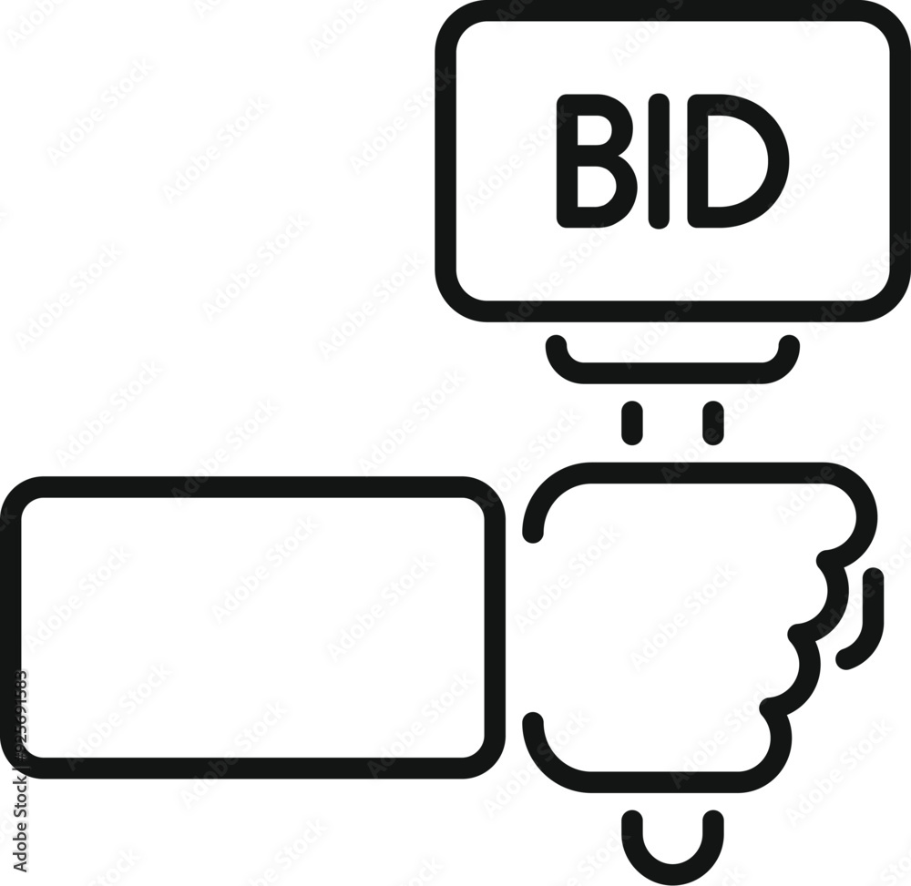 Sticker businessman is participating in an online auction, raising his hand to place a bid using a device