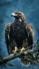 Fototapeta premium Martial Eagle Perched on Branch on Blue Background, Realistic Photo, Pattern Background, Wallpaper, Cover and Screen of Smartphone, Cell Phone, Computer, Laptop