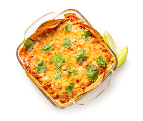 Baking dish with tasty enchilada on white background