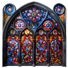 Intricate stained glass window featuring vibrant colors and detailed patterns in a gothic-style arched frame, highlighting artistic craftsmanship.
