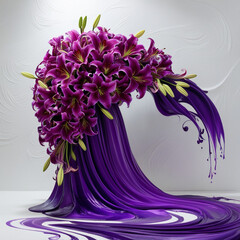 A lavishly arranged, cascading bouquet of bright, velvety purple lilies